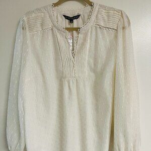 NWT Sharagano White Blouse XL Long Sleeve Women Career Lined Gold Stitch Detail